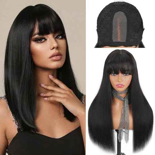 2x4 Lace Front Wigs With Bangs Human Hair 200% Lace Closure Wigs For Women Brazilian Virgin Hair Wear and Go Glueless Wig Natural Black Color(16 Inch)