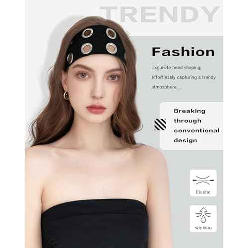 Grommet Headband for Women, Wide Black 20cm Hollow Out Elastic Hair Band, Eyelets Punk Grunge Stylish Hairband