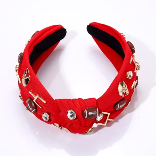 Football Headband for Women Football Accessories Beaded Football Rhinestone Crystal Knotted Headband Jeweled Embellished Game Day Top Knot Headband Football Mom Hair Accessories (A-Red Football)