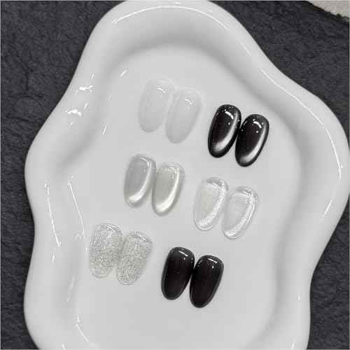 GAOY Black and White Gel Polish Set, Sliver Cat Eye, Opal White, Jelly Black Glitter Reflective Gel, Magnetic Holographic DIY Nail Art