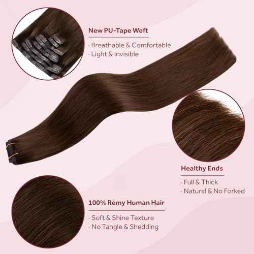 Clip in Hair Extensions Real Human Hair Chocolate Brown Seamless Clip In 100% Straight Remy Hair Extensions PU Skin Weft Add Volume for Women #4A 18Inch 120G 8PCS