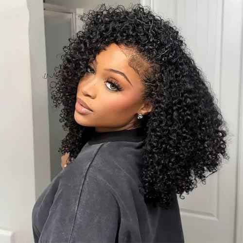 18 inch Curly Half Wig Human Hair for Black Women,Kinky Curly Half Wigs Human Hair ,Seamless Flip Over All Hairstyles In One Headband Wig with Drawstring,Wear and Go Wigs 200% Density Natural Black