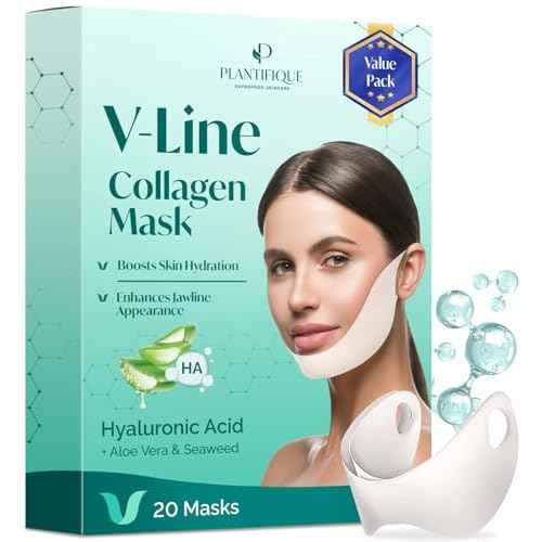 PLANTIFIQUE V-Line Collagen Mask for face 20 PCS | Chin Strap for Women & Men | V Line Lifting Mask with Collagen and Hyaluronic Acid V Shape Face Tape Chin | Skin Firming