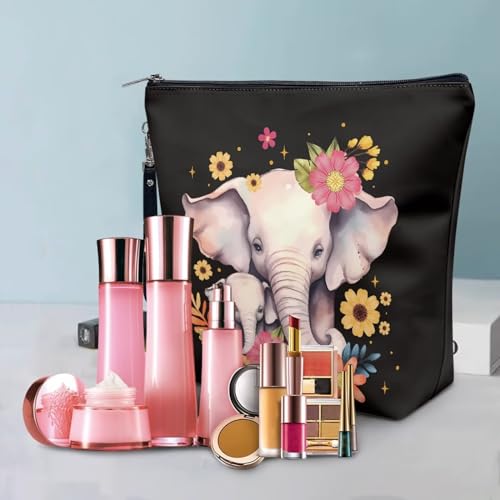 PCSJRKG Flowers Elepahnt Printed Makeup Bag Cute Elephant PrintedCosmetic Bags for Women and Girls, Large Capacity Leather Cosmetic Bag Travel Makeup Bag, Makeup Organizer Bag Zipper Pouch