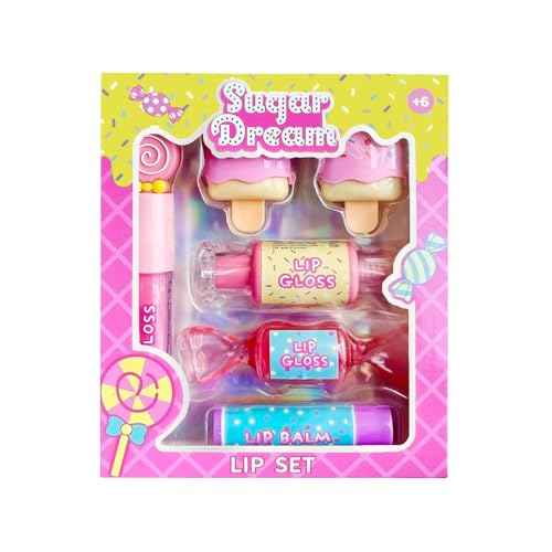 M&U MAKE YOU UP MU 6pc Candy Sweet Lip Gloss Set for Kids - 1 Straight Stick, 2 Ice Cream and 2 Candy Balms, Non-Toxic Girls Birthday Gift, Fun Theme Party Favors