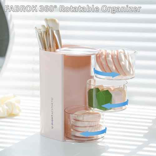 FABROK 3-Layer Clear Hair Accessories Organizer with Hair Brushes Holder, Rotatable Small Jewelry Box for Hair Clip Earring Necklaces, Desktop Organizer Case for Cotton Swab, Hair Accessories(Pink)
