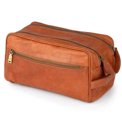 BERLINER BAGS Vintage Genuine Leather Toiletry Bag Tim M, Large Capacity Cosmetics Bag for Men and Women for Travel - Brown