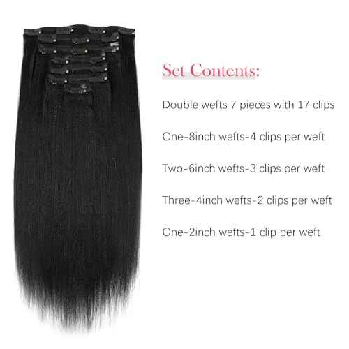 Sassina 20 Inch Yaki Straight Clip in Hair Extensions Virgin Human Hair Jet Black Double Wefts for African American Black Women 7 Pieces 120g with 17 Clips