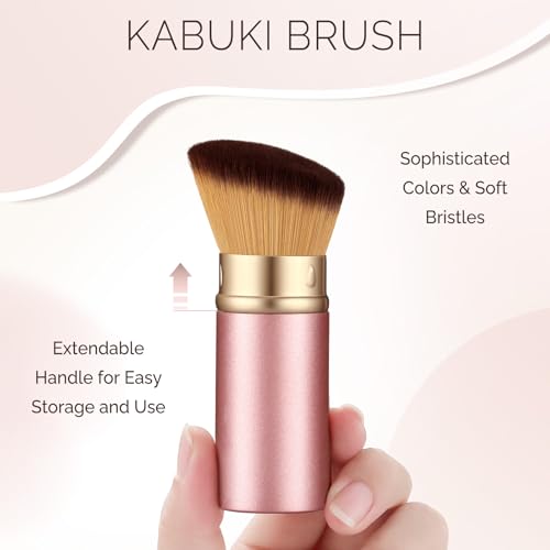 Retractable Kabuki Makeup Brush - Portable Travel Face Brush with Cover, Soft Synthetic Bristles for Blush, Bronzer, Powder, Foundation & Sunscreen, Flawless Application On-the-Go (Rose gold)