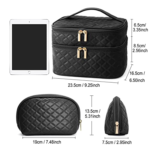 MAANGE Makeup Bag, 2 PCS Cosmetic Bag Leather Travel Makeup Bag Roomy Double Layer Makeup Bags for Women Makeup Pouch Portable Zipper Bags Gifts (Black)