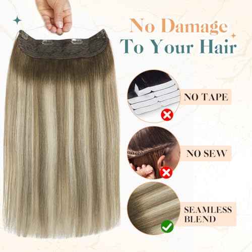 Sindra Wire Hair Extensions Human Hair Balayage Walnut Brown to Light Brown With Blonde Fishing Line Extensions 20Inch 85g Remy Invisible Wire W20#3/8/22