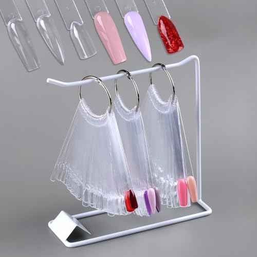 150 Pcs Nail Swatch Sticks with Ring & Nail Art Display Stand Storage Rack, Clear Fan-shaped Display for Nail Art Polish Practice, False Nail Sample Tips Nail tech Supplies for Home or Salon Use