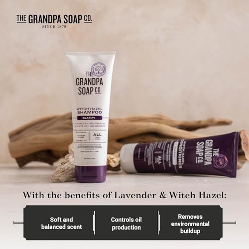 The Grandpa Soap Company Claryfying Witch Hazel Shampoo - Removes Buildup, With Witch Hazel & Lavender Flower, For All Hair Types, Vegan, Sulfates and Parabens Free, 8 Fl Oz 2 Pack