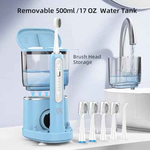 Professional Flossing Electric Toothbrush with Water Flosser, Water Flossers for Teeth 2 in 1 Toothbrush and Water Flosser Combo, Sonic Electric Toothbrush Cordless Flossing Brush (Blue)