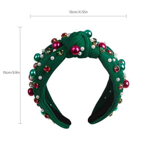 Sokfone Women's Christmas Headband Pearl Knotted Headband Christmas Red and Green Pearl Rhinestone Crystal Gem Hairband Top Knot Holiday Hair Accessories Holiday Costume Gift (Green)