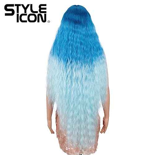 Style Icon 41" Ombre Blue Lace Front Wigs Long Wavy Synthetic Wigs with Baby Hair Ombre Blude Bohemian Style Half Hand Tied 130% Density Wigs (41", GT BLUE/BLUE5)