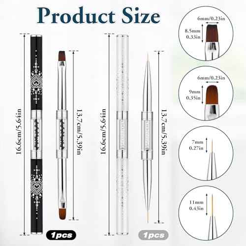 2pcs Hard Gel Nail Brush, French Manicure Brush French Tip Nail Gel Liner Brush, Builder Gel Brushes for Design Nails Dual-Ended Nail Design Brushes Rhinestone Handle Nail Brush Professional Nail Art