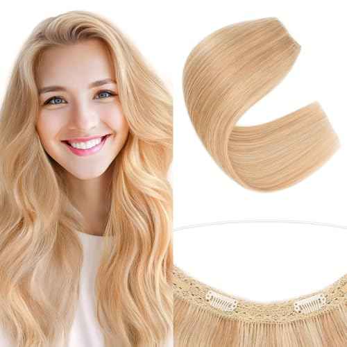 SEGO Invisible Wire Hair Extensions, Real Human Halo Hair Adjustable Wire Extensions, 2 Clips for Women Transparent Fish Line Extensions, Add Length, 20 inches, Gold Blonde Mixed Bleach Blonde, 70g