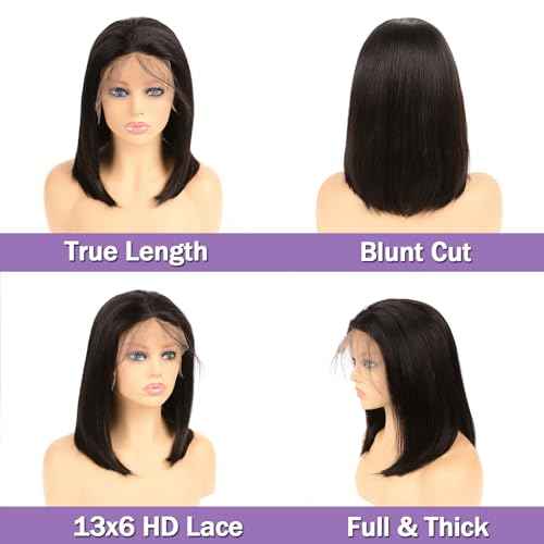 Bob Wig Human Hair 13x6 Frontal Lace Wig Short Straight HD Lace Front Bob Wigs for Black Women Human Hair Glueless Pre Plucked Hairline with Baby Hair 200% Density 14 Inch