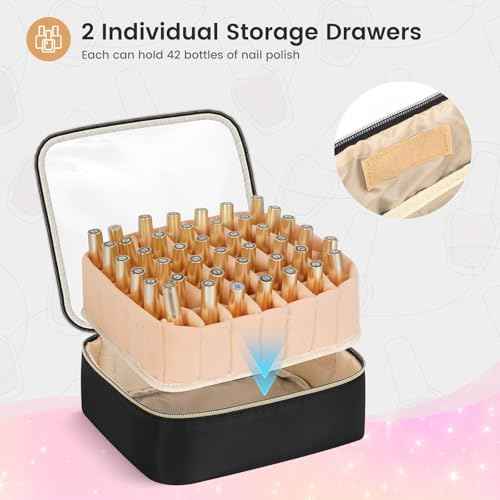 Hautton Nail Polish Organizer Holds 84 Bottles & Lamp, Extra Large Nail Kit Supplies Storage Bag with 2 individual drawers, Portable Nail Organizers Travel Case for Manicurist -Black