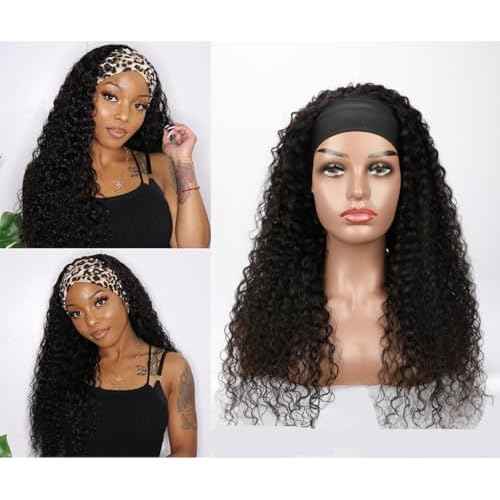 Headband Wig Human Hair Kinky Curly 26 inch None Lace Front Wig Human Hair Machine Made Wigs Glueless Curly Hair Headband Half Wigs for Black Women Human Hair Natural Color