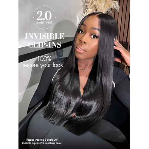 LUVME Invisible Clip in Hair Extensions Silky Straight Real Human Hair, Remy Hair Clip ins for Women, Natural Human Hair, 24 inch 110g 6Pcs, Natural Black