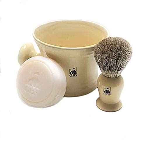 G.B.S Men's Shaving Set - No.84 Cologne, Ivory Handle Badger Bristle Shaving Brush, Ivory Shave Mug with Aftershave Natural Shaving Soap