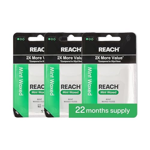 REACH Waxed Dental Floss, 2X More Value, Plaque Remover for Teeth, Shred Resistant, Floss Slides Smoothly, Easy to Use, Waxed, for Adults & Kids, Oral Care, PFAS Free, 3 Pack, 115 yd, Mint