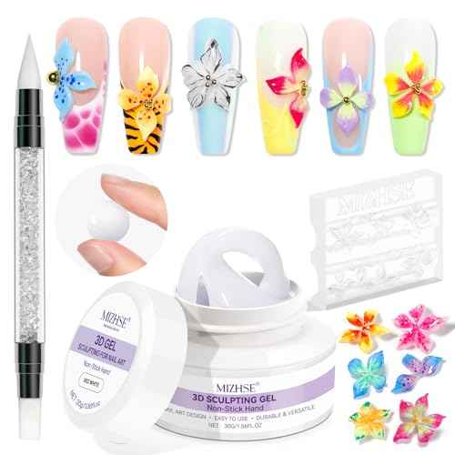 MIZHSE White 3D Gel Nail Art 30g Sculpting Gel Non-Sticky Molding Gels Solid U V LED Soak Off Gels Polish with 3D Flower Charm Nail Molds for Nails and Silicone Pen for Nail Design