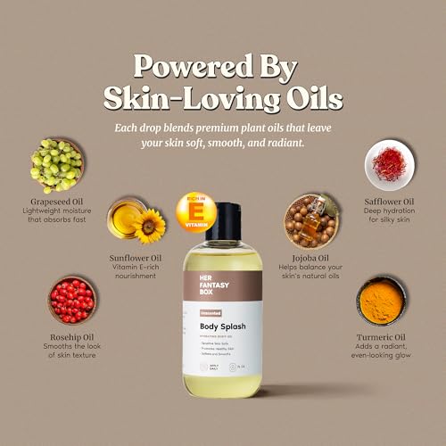 Her Fantasy Box | Body Splash Hydrating Body Oil - Moisturizing, Non-Greasy Formula for Soft, Smooth Skin - All-Natural, Lightweight & Nourishing (8 Fl Oz, Unscented)