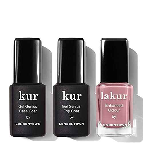 LONDONTOWN Manicure Trio Set Gel Genius Top & Base Coat, Lakur Nail Polish, Crowning Crumpet Sheer Mani