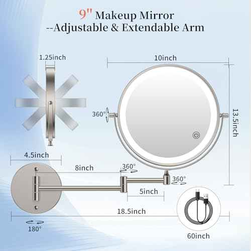 FUNTOUCH 9" 30X/1X Magnifying Wall Mounted Lighted Makeup Mirror, 4500mAh Rechargeable Double Sided Mirror with Light, 3 Color Lights,Touch Dimmable, 360 Rotation Extended Arm for Bathroom,Nickel