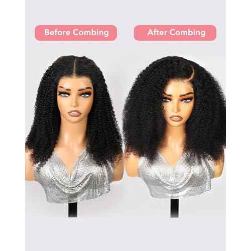 Kinkycurly Wig Human Hair 200 Density HD Lace 9x6 Afro Kinky Curly Ready to Wear Glueless Wigs Human Hair Pre Plucked Pre Cut Deep Parting Closure Wigs Glueless Wig for Black Women 16 Inch