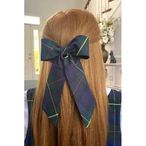 Extra Large Long Tail Jumbo Size School Uniform Plaid Girls Hair Bow with French Barrette (Green Navy Yellow red *Plaid #55*)