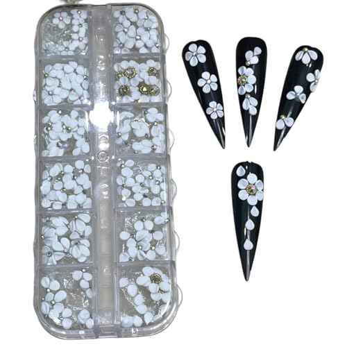 Set 132 White 3D Flowers for Nails, Handmade 3D Acrylic Flowers for Nails, Flower Nail Charms Rhinestones Gems by Acrylic Powder Design Deco Nail Art Women Girls (Set White Mix 132)