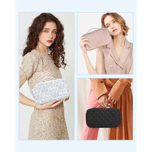 Relavel Travel Makeup Bag, Small Floral Cosmetic Bag with Makeup Brush Compartment, Portable Makeup Pouch for Women, Double Layer Makeup Organizer Bag Cute Toiletry Bag