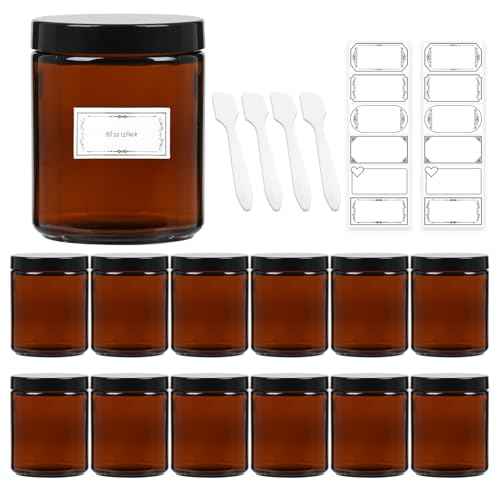 AuroTrends 8 oz Amber Glass Jars with Lids (12-Pack) - Candle Jars for Making Candles, Amber Cosmetic Cream Jar - Leakproof Plastic Lids & Labels Included (8fl.oz-12Pack)