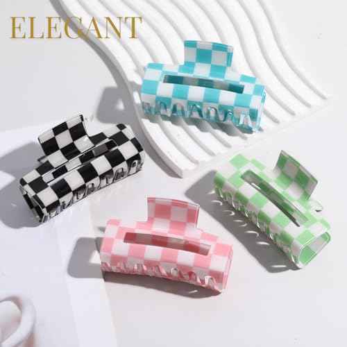LuSeren 4 Pack 3 Inch colorful Hair Claw Clips for Women, Medium Rectangle Acetate Jaw Clips in Black, Pink,Green, Blue, Stylish Checkered Hair Accessories for Girls