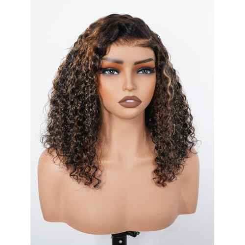 ISEE Hair Highlight Glueless Bob Wigs Human Hair Pre Plucked Pre Cut 2/30 Honey Blonde Curly Human Hair Wig for Black Women Ombre Water Wave 5x7 HD Lace Closure Wigs with Elastic Band 14 Inch