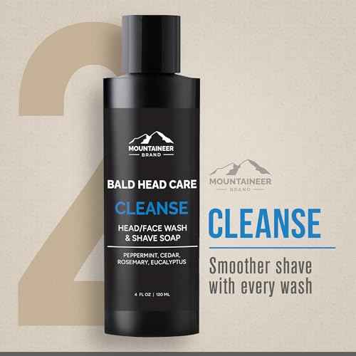 Mountaineer Brand Bald Head Care For Men | All Natural 4 Step Daily Skin Care for Healthy Scalp & Face | Exfoliate and Scrub | Cleanse Wash | Shine Away PH Balance | Protect Moisturizing Balm | 4oz
