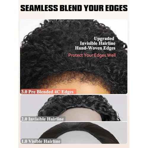Burmese Curly Half Wig Human Hair 22 Inch True Length 3 In 1 Curly Half Wigs for Black Women Pre Blended 4C Edges Water Wave Wear Go Glueless Wigs Headband Wig Human Hair with Drawstring