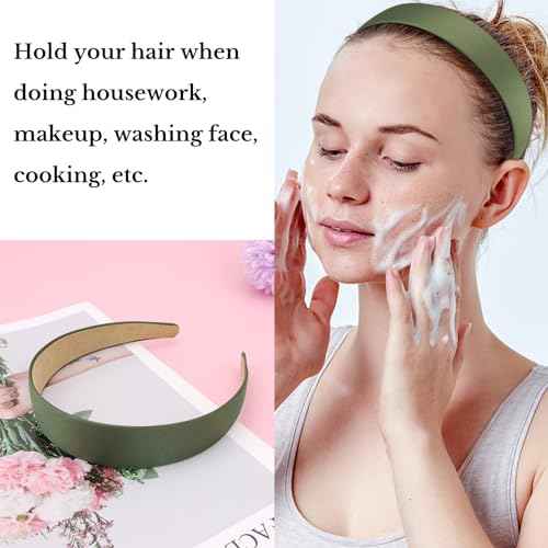 Wecoe Olive Green Headband 1.2 Inch Wide Silk Satin Headband Women Non Slip Fashion Plain Solid Hair Band DIY St Patrick's Day Christmas Hair Accessories for Women Girls Diademas Para Mujer Gifts