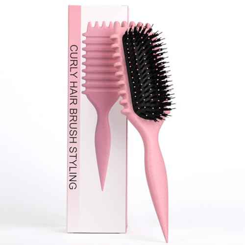 Curl Defining Brush, Multi Purpose Styling Brush for Separating, Combing and Curling Hair to Reduce Pulling (Pink)