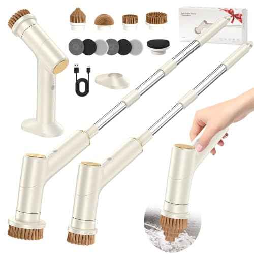 Electric Spin Scrubber, 2600mAh Battery with Extra-Long Runtime, 10 Brush Heads, IPX7 Waterproof Power Shower Scrubber with Long Handle, 2 Speeds Cordless Cleaning Brush for Bathroom Bathtub