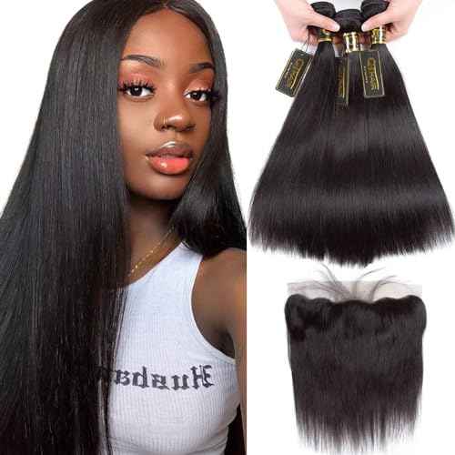 QTHAIR 16A Grade Brazilian Straight Human Hair Bundles With Frontal 12'' 14'' 16''+12'' 13x4 Ear to Ear Lace Frontal 100% Unprocessed Virgin Brazilian Human Hair Straight Hair Natural Color