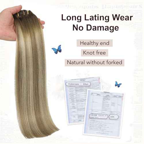 XDhair Clip in Hair Extensions Real Human Hair 120g 18 Inch Balayage Ombre Color 3 Walnut Brown to 8 Ash Brown and 22 Golden Blonde Double Weft Clip in Remy Hair Extensions(18, 3/8/22)