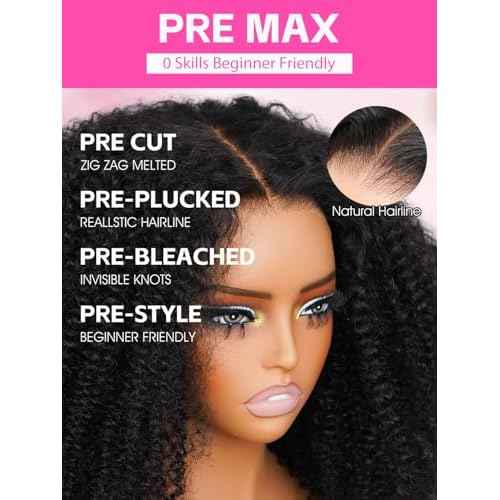 V SHOW Afro Kinky Curly Wear and Go Glueless Wigs Human Hair Pre Plucked Pre Cut 7x5 HD Lace Front Wigs Pre Bleached Bye Bye Knots 180% Density Afro Curly Lace Closure Wig Human Hair for Women 18 Inch