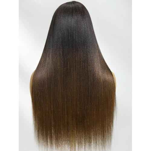UNICE Yaki Straight 13x4 Lace Front Wigs Human Hair with Drawstring Pre Everything Glueless Frontal Human Hair Wig Pre Plucked Pre Cut Bleached Knots Chestnut Brown ombre Color 150% Density 10 inch