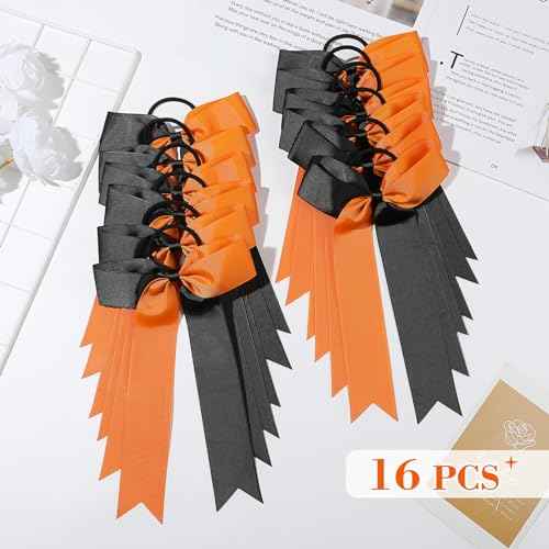 DEEKA 16 PCS Collegiate Style Ponytail Holders - Long Tail Skinny Handmade Bows for Girls, Teens, Softball, Cheerleaders - Orange/Black