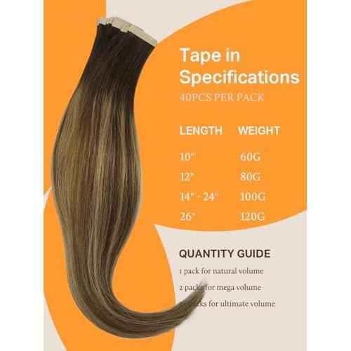 DOORES Tape-in Hair Extensions - Balayage Chocolate Brown to Caramel Blonde, 40pcs, 100g, 20 Inch, Remy Silky Straight Skin Weft Natural
